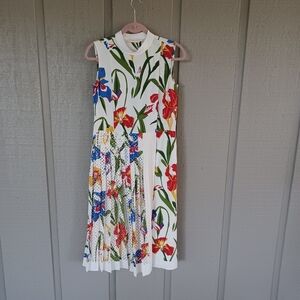 Tory Burch Carine Iris Floral Dress Size 2 Women Preppy Sleeveless Button Pleat